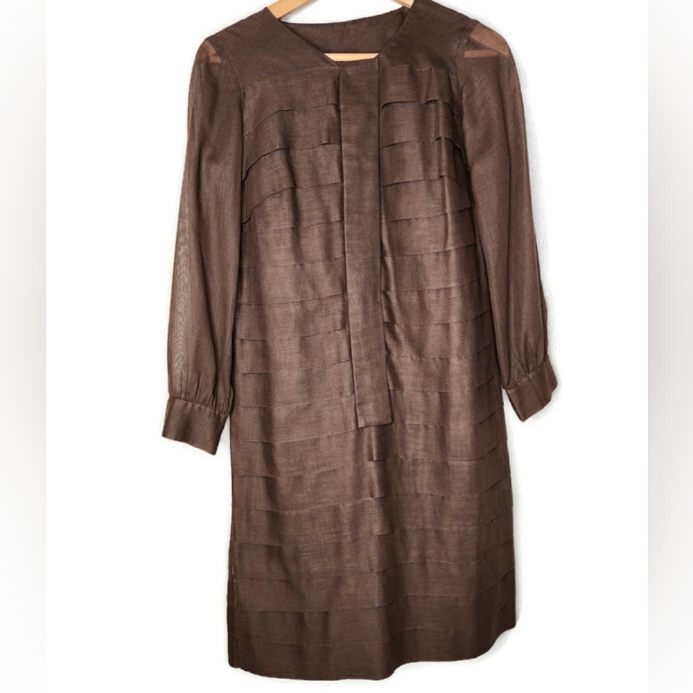1960s Minimalist Pleated Brown Vintage Shift Dress
